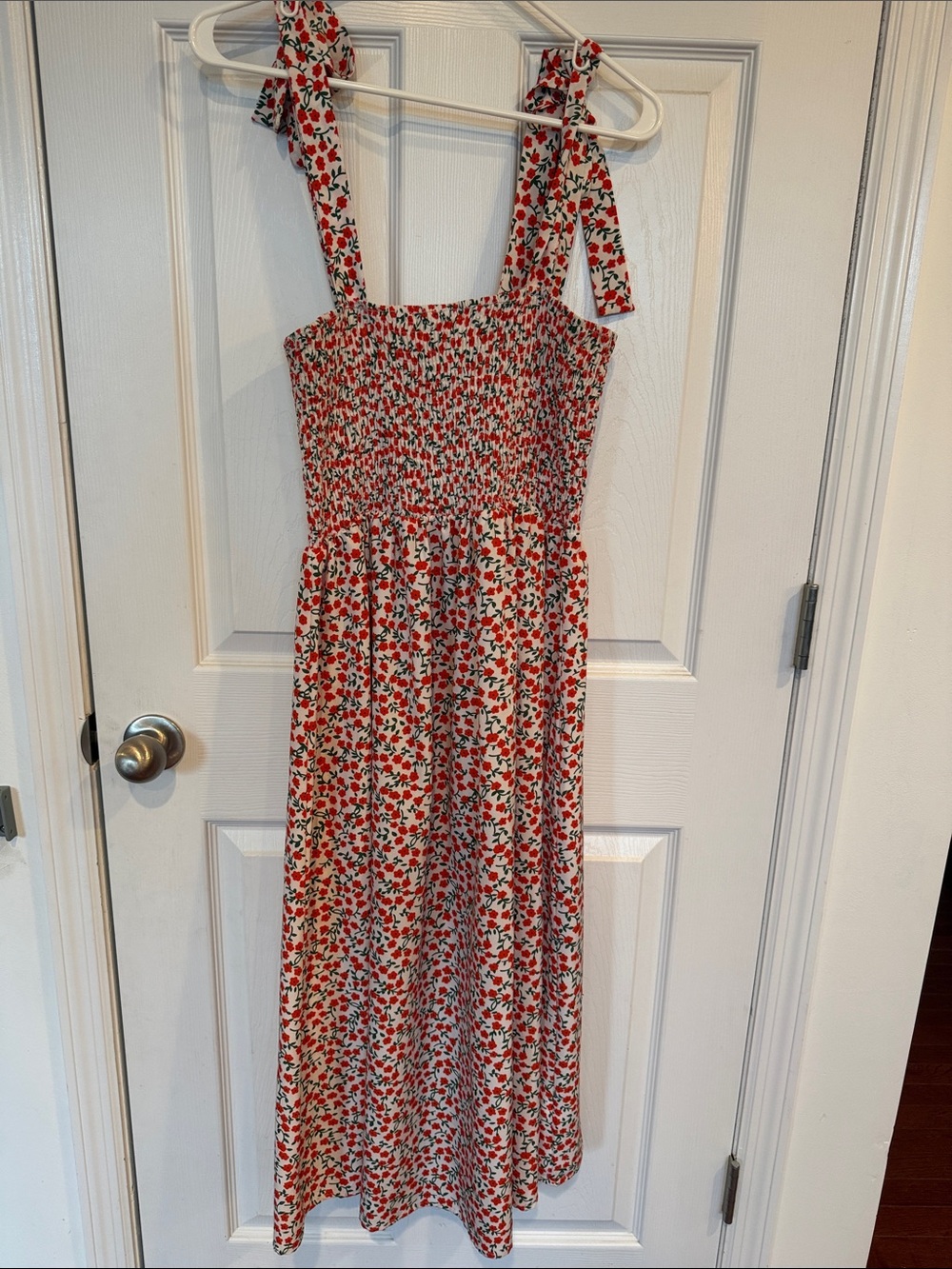 Floral Smocked Tie-Strap Floral Midi Dress